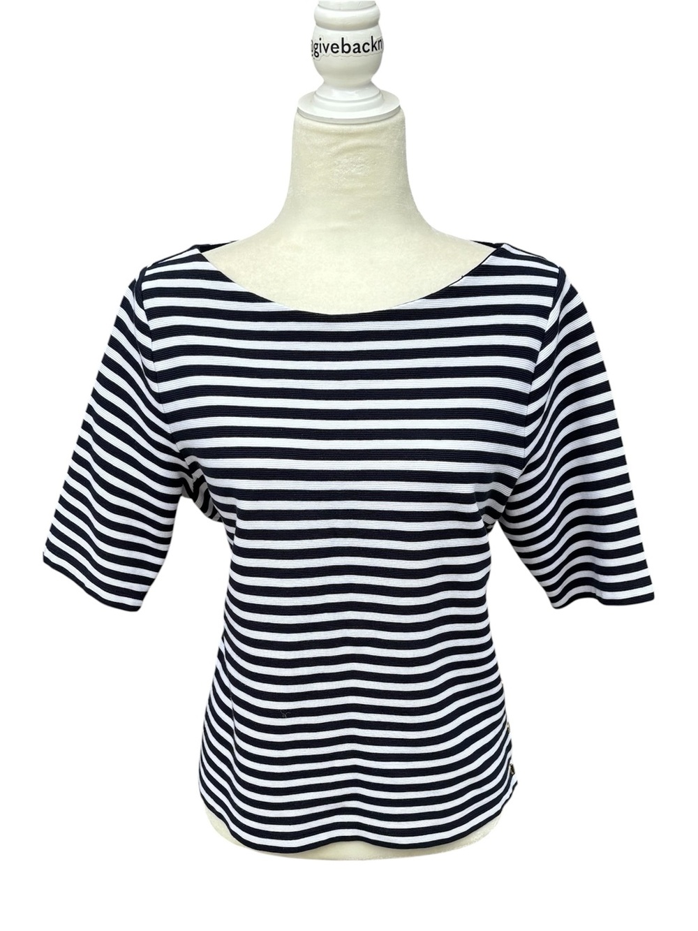 Lauren Ralph Lauren Striped Cotton Boatneck Top XL - Engraved Gold Button Slit - Picture 1 of 6